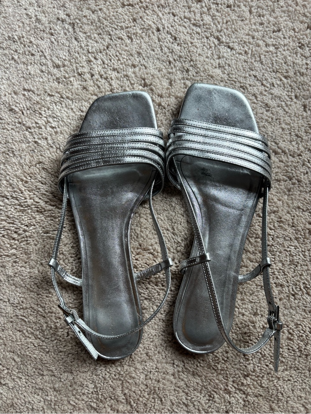Reformation Metallic Silver Multi-Strap Square-Toe Sandals